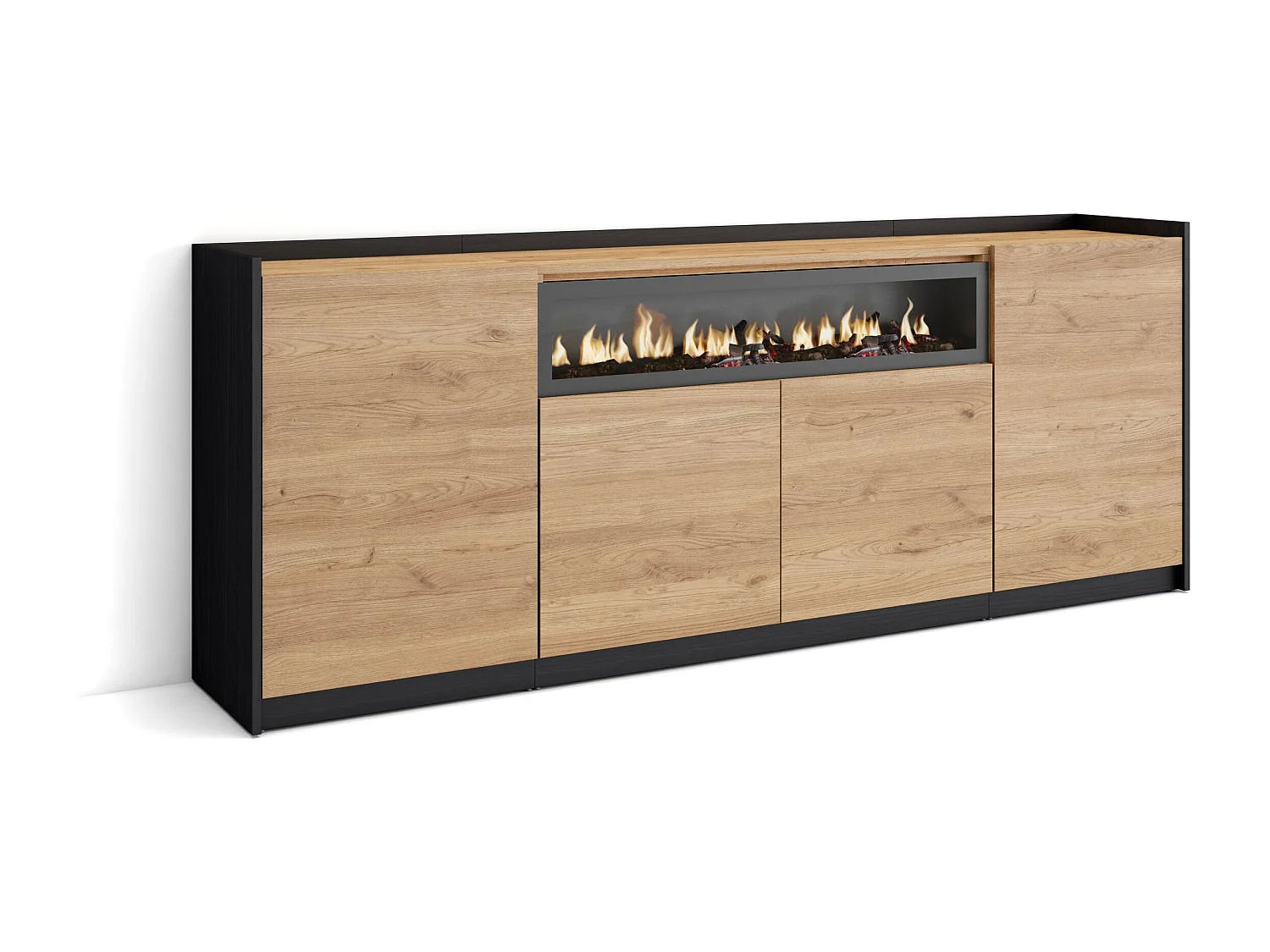 Dressoir, Opbergkast, 207x80x37 cm, 4 Deuren, Elektrische haard, Eiken/Zwart