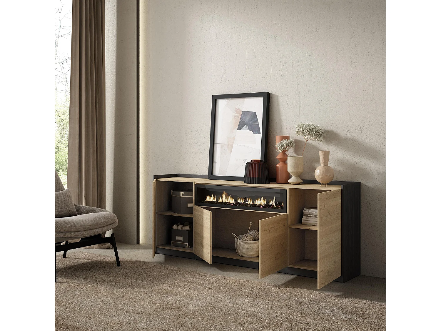 Dressoir, Opbergkast, 207x80x37 cm, 4 Deuren, Elektrische haard, Eiken/Zwart