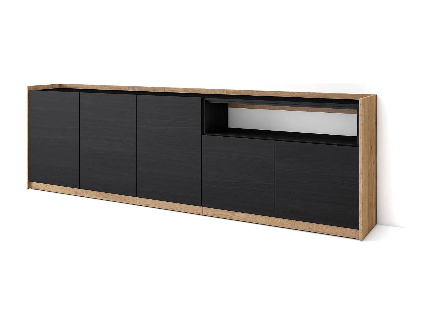 Buffet salon et cuisine, 260x80x37 cm, 5 Portes, Meuble chaussure, Noir et chêne