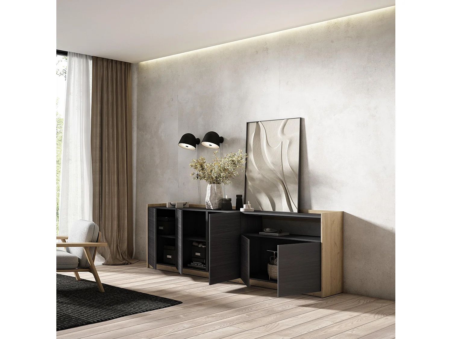 Buffet salon et cuisine, 260x80x37 cm, 5 Portes, Meuble chaussure, Noir et chêne