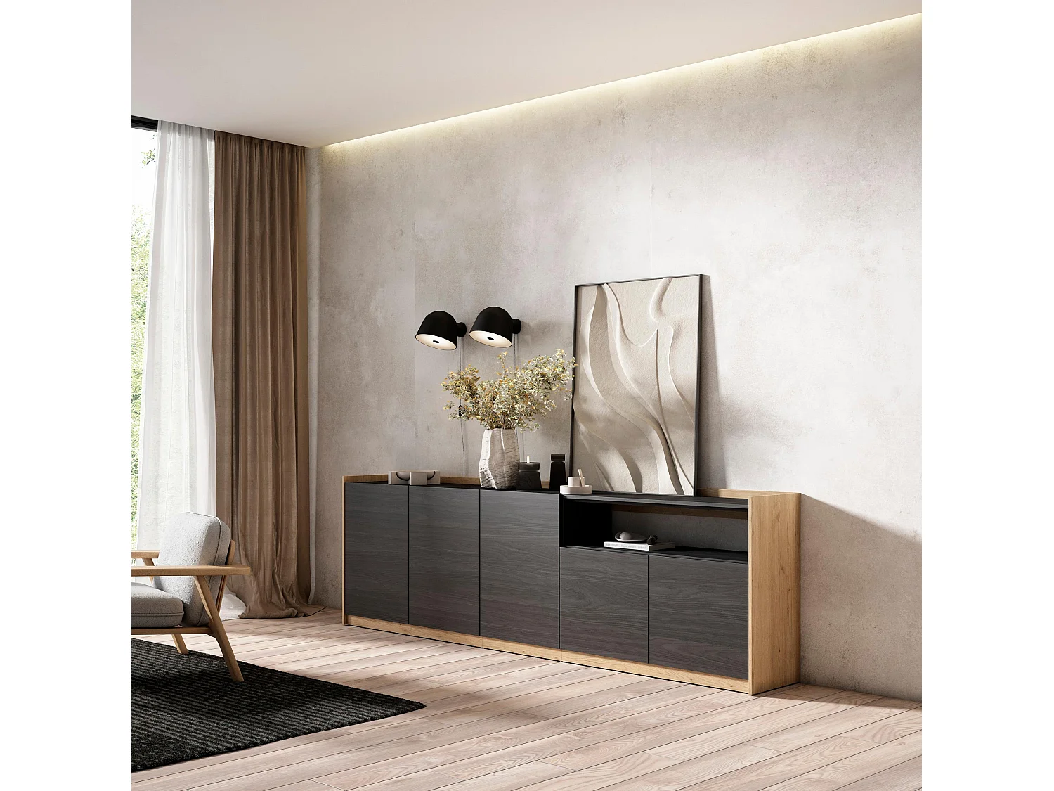 Dressoir, Opbergkast, 260x80x37 cm, 5 Deuren, Woonkamer, hal, Zwart/Eiken