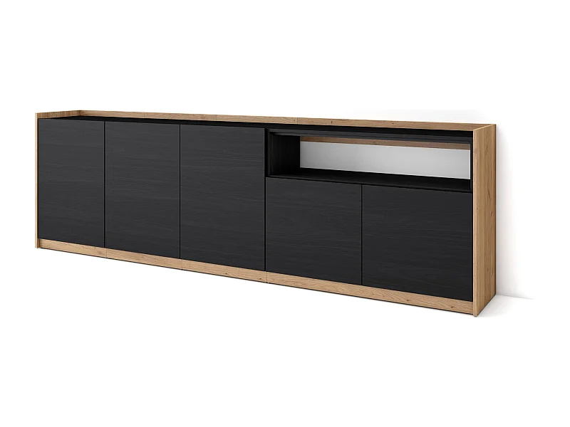 Buffet salon et cuisine, 260x80x37 cm, 5 Portes, Meuble chaussure, Noir et chêne