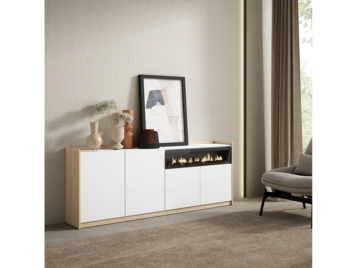 Dressoir, Opbergkast, 207x80x37 cm, 4 Deuren, Elektrische haard, Wit en Eiken soft