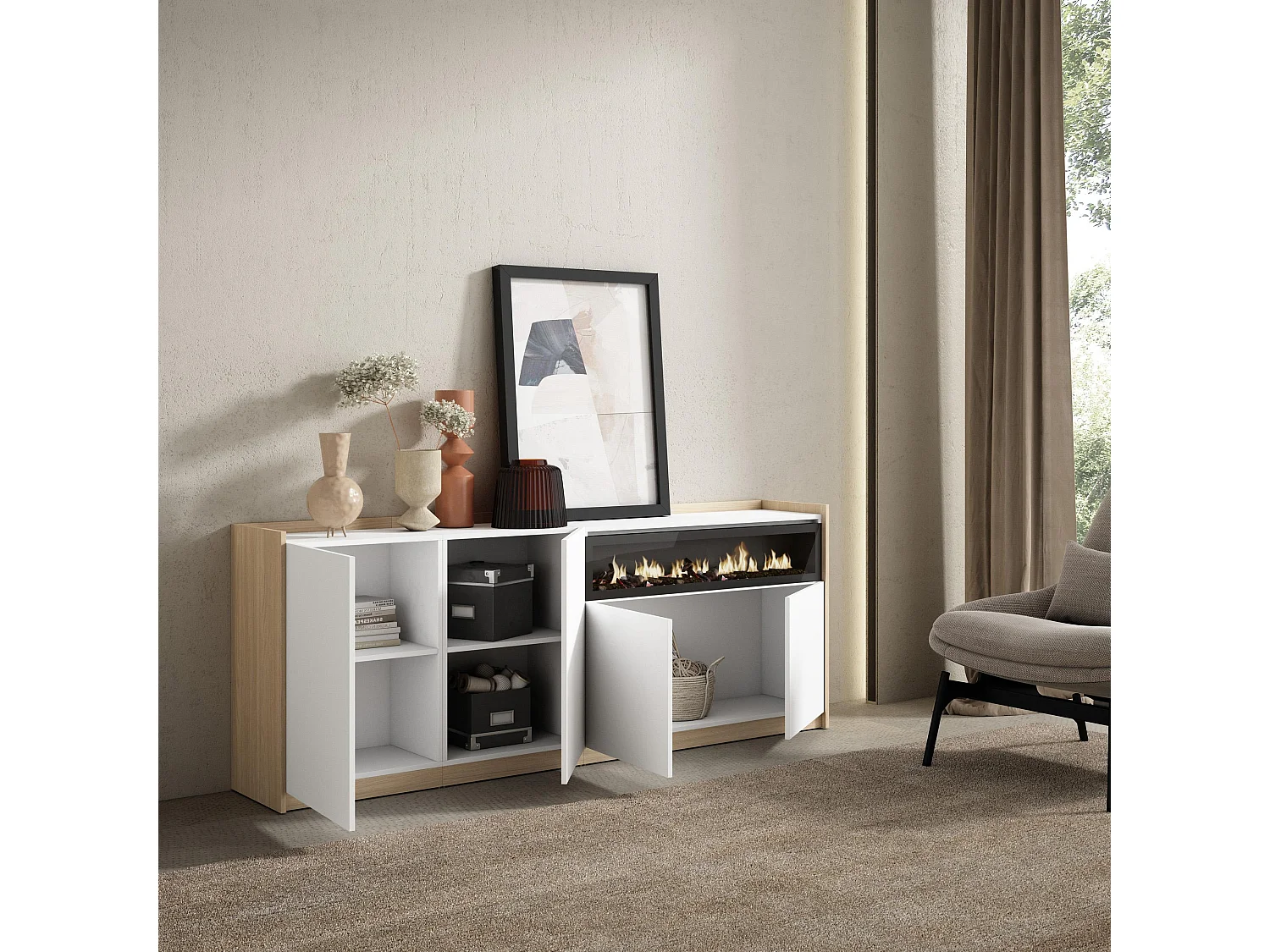 Dressoir, Opbergkast, 207x80x37 cm, 4 Deuren, Elektrische haard, Wit en Eiken soft