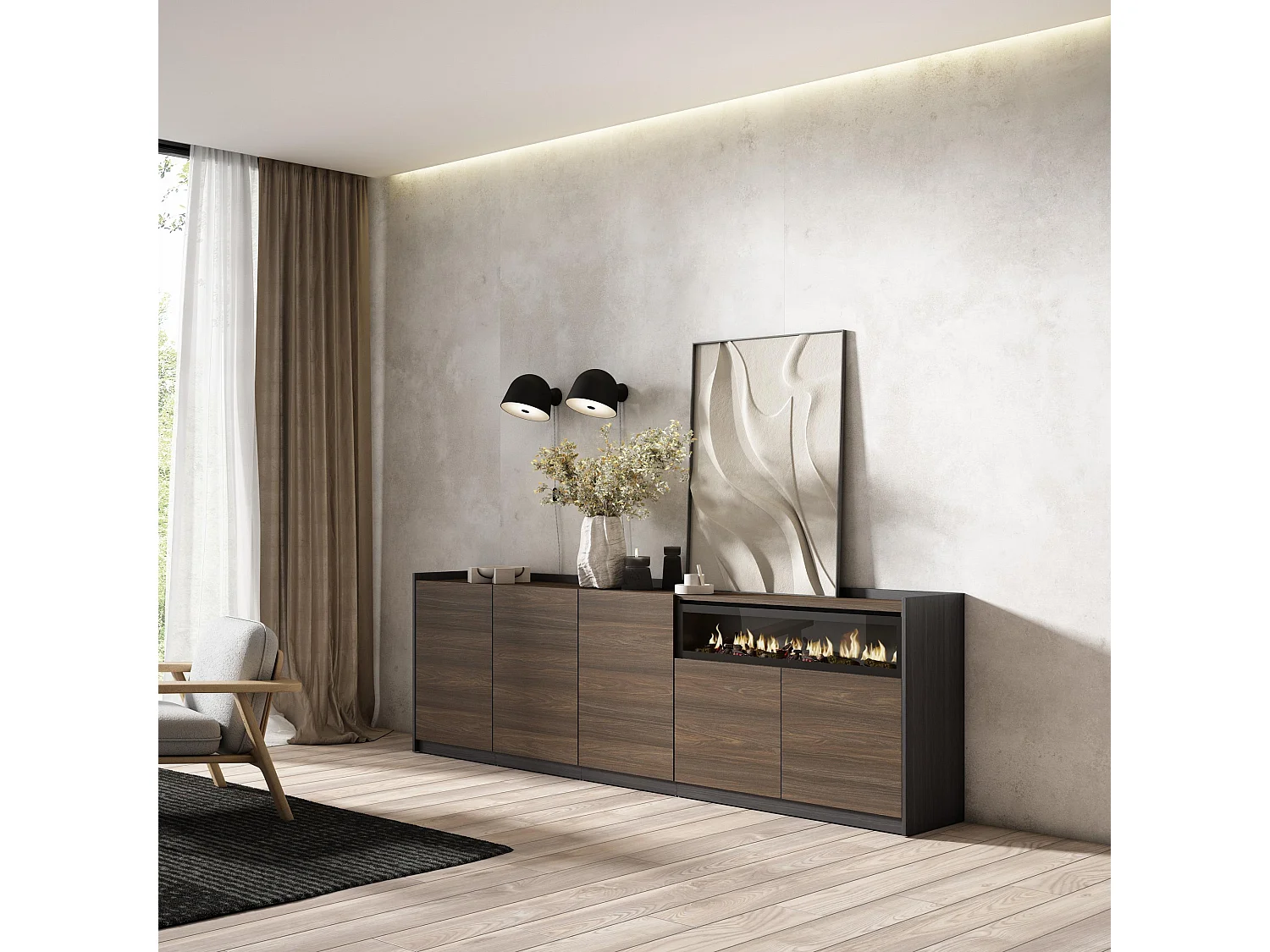 Buffet salon et cuisine, 260x80x37 cm, 5 Portes, Cheminée électrique, Chêne foncé et Noir