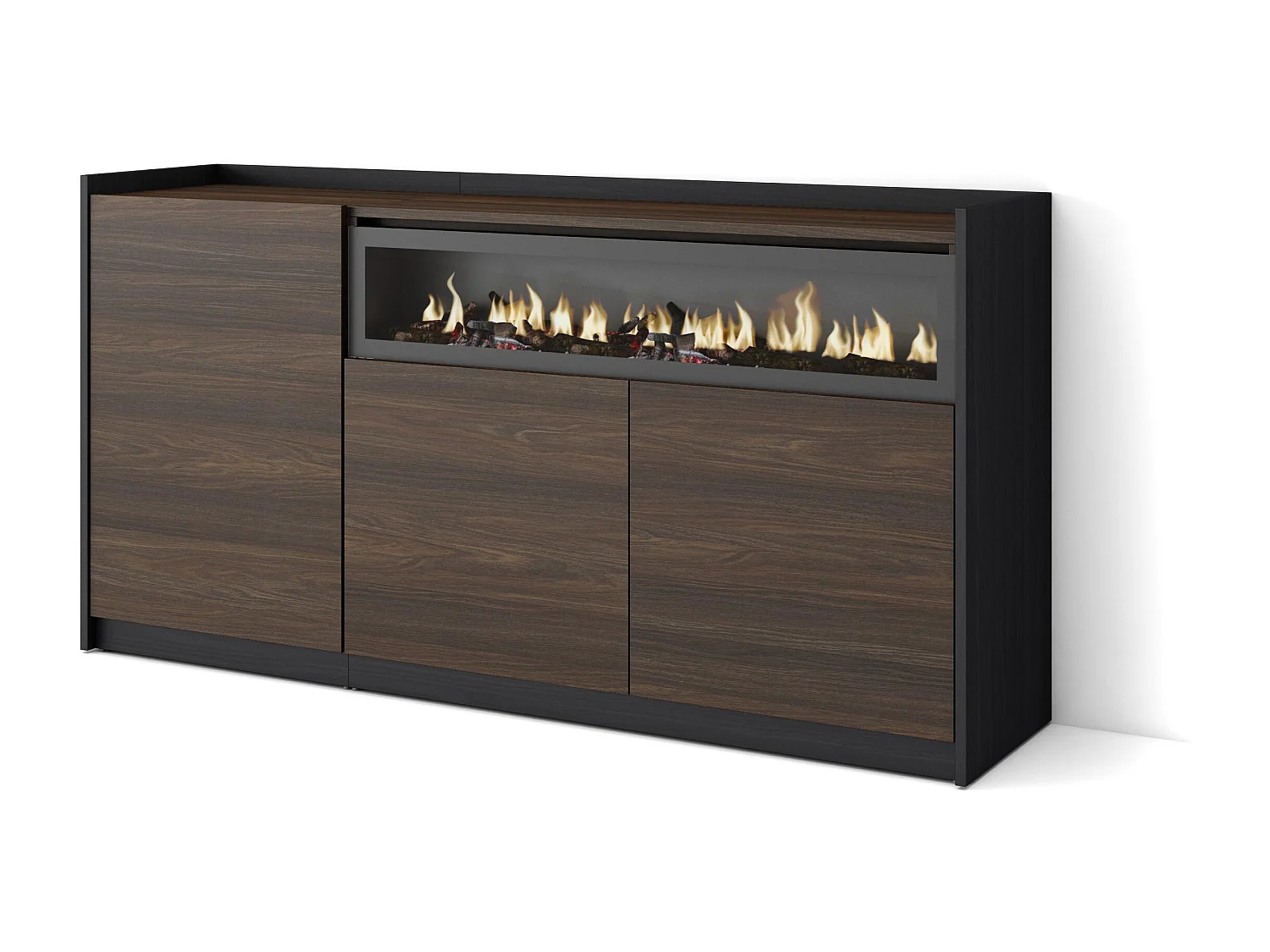 Buffet salon et cuisine, 156x80x37 cm, 3 Portes, Cheminée électrique, Chêne foncé et Noir