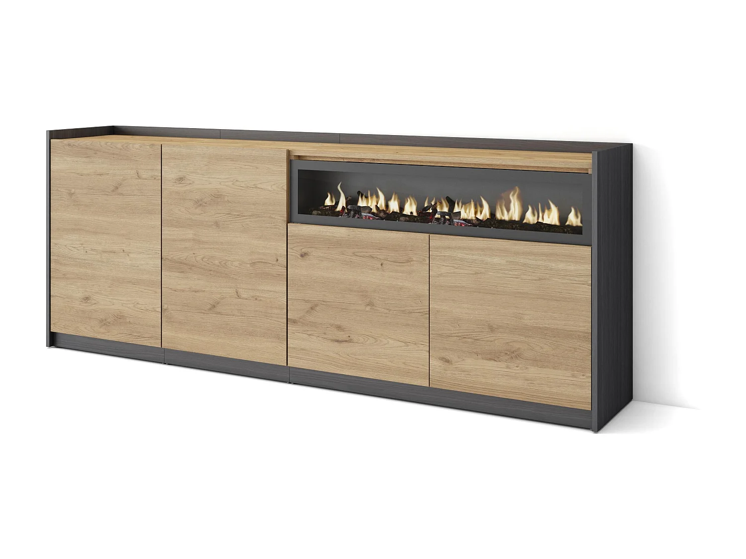 Buffet salon et cuisine, 207x80x37 cm, 4 Portes, Cheminée électrique, Chêne et noir