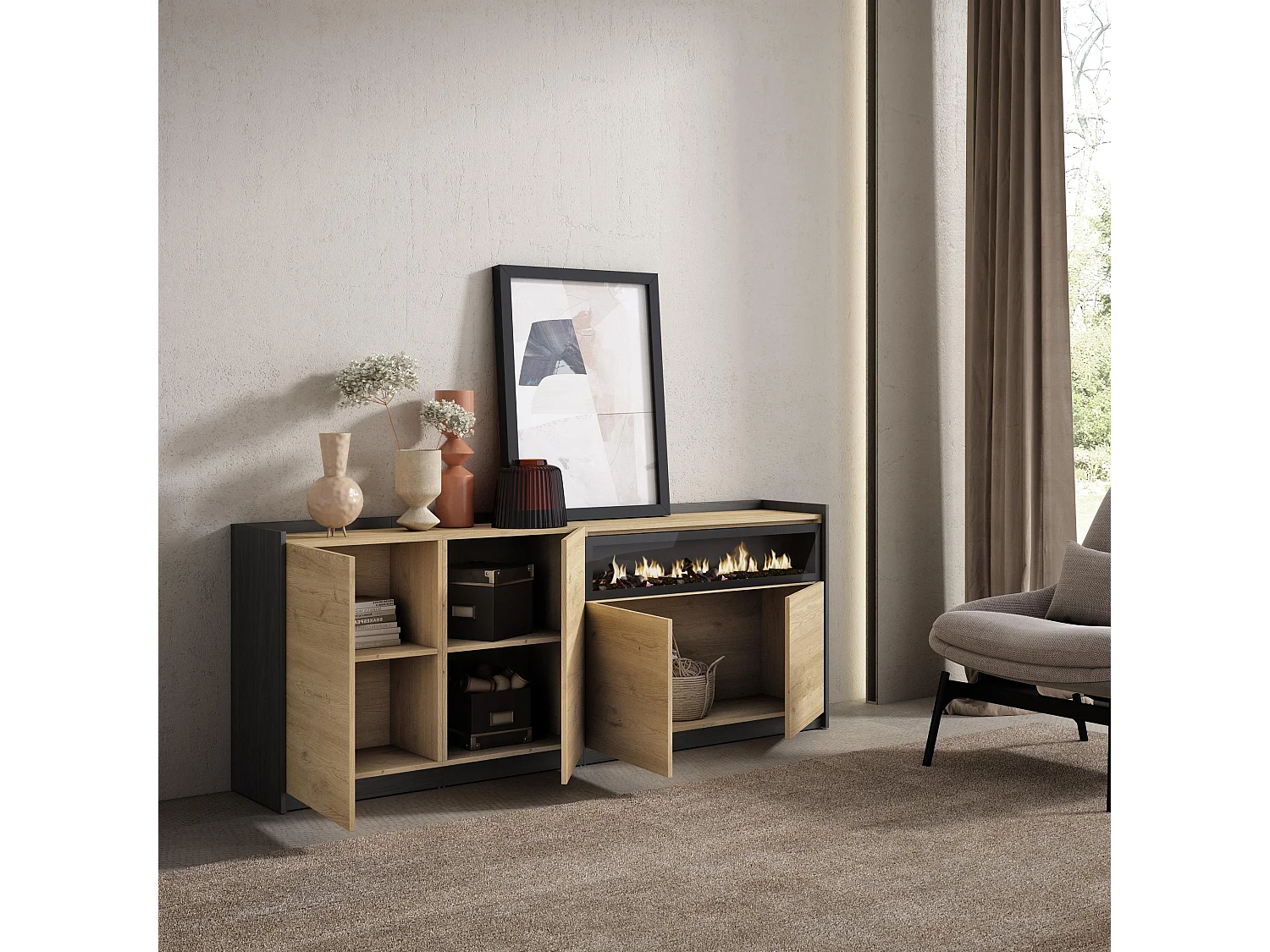 Dressoir, Opbergkast, 207x80x37 cm, 4 Deuren, Elektrische haard, Eiken/Zwart