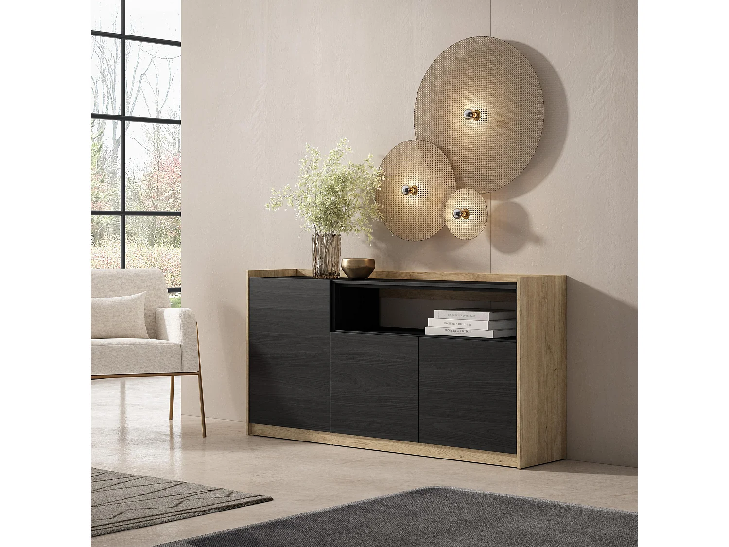 Dressoir, Opbergkast, 156x80x37 cm, 3 Deuren, Woonkamer, hal, Zwart/Eiken
