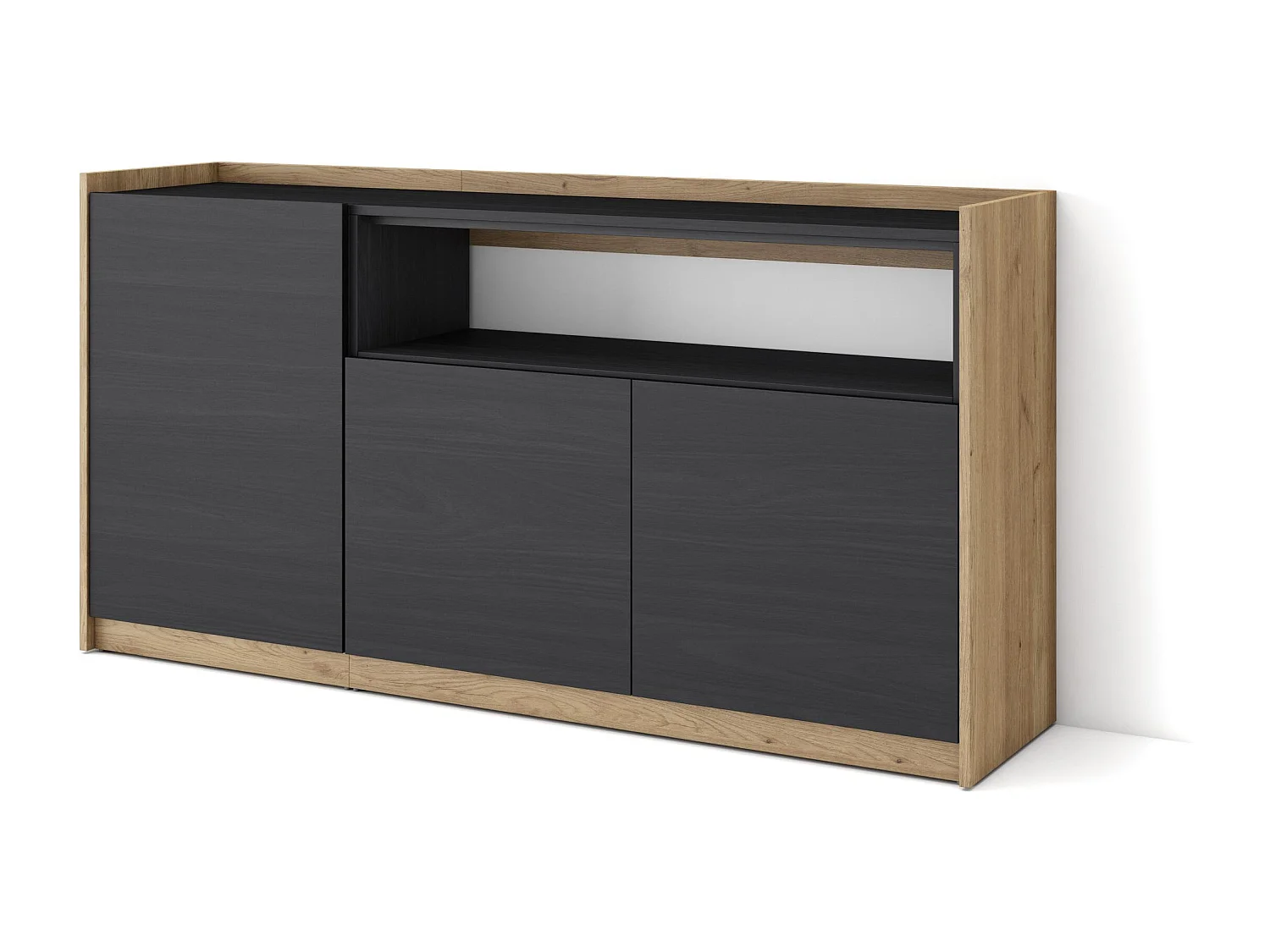 Dressoir, Opbergkast, 156x80x37 cm, 3 Deuren, Woonkamer, hal, Zwart/Eiken