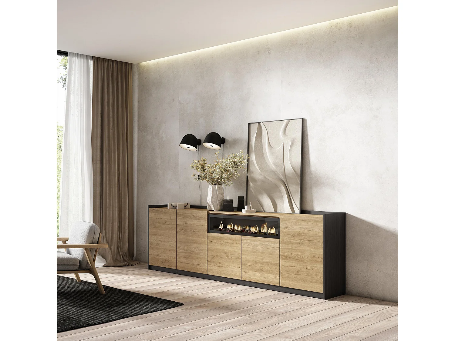 Dressoir, Opbergkast, 260x80x37 cm, 5 Deuren, Elektrische haard, Eiken/Zwart