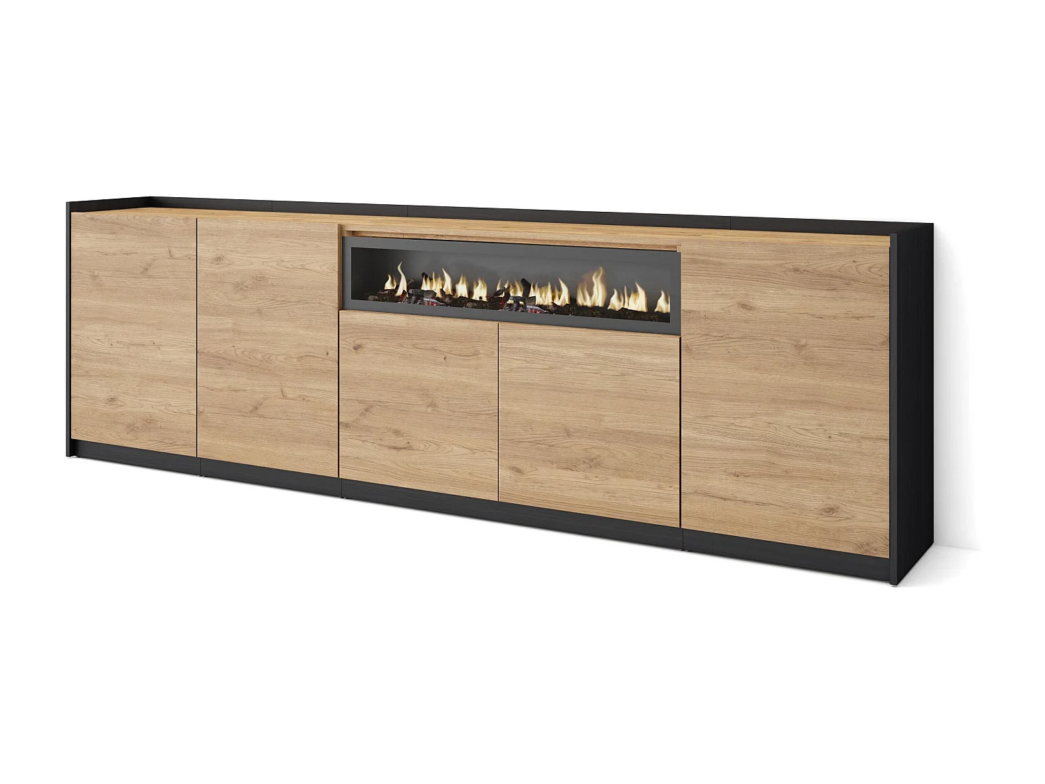 Dressoir, Opbergkast, 260x80x37 cm, 5 Deuren, Elektrische haard, Eiken/Zwart