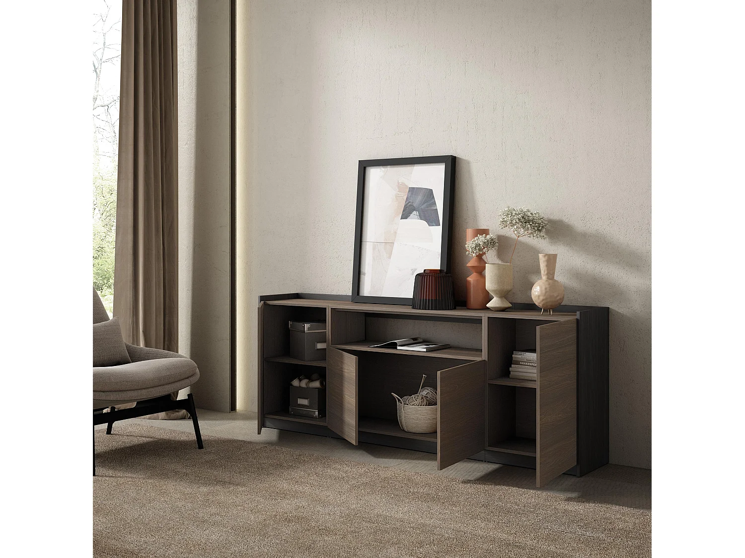 Buffet salon et cuisine, 207x80x37 cm, 4 Portes, Meuble chaussure, Chêne foncé et Noir