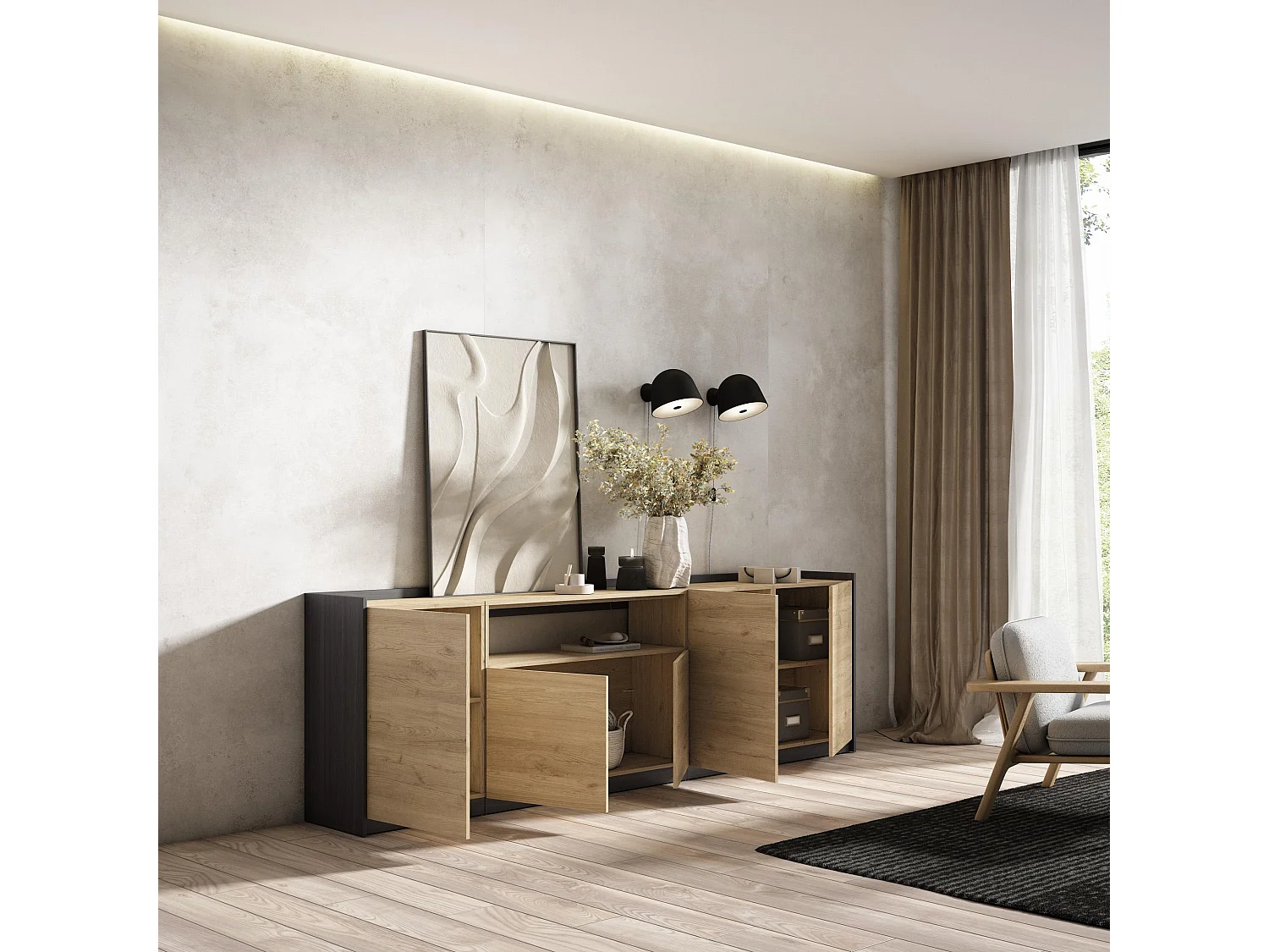 Dressoir, Opbergkast, 260x80x37 cm, 5 Deuren, Woonkamer, hal, Eiken/Zwart