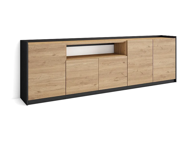Buffet salon et cuisine, 260x80x37 cm, 5 Portes, Meuble chaussure, Chêne et noir