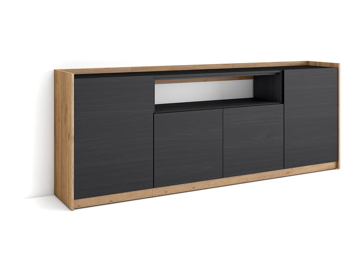 Dressoir, Opbergkast, 207x80x37 cm, 4 Deuren, Woonkamer, hal, Zwart/Eiken