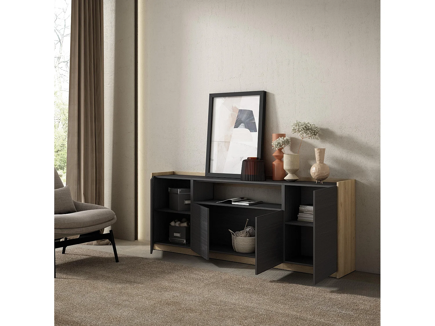 Dressoir, Opbergkast, 207x80x37 cm, 4 Deuren, Woonkamer, hal, Zwart/Eiken