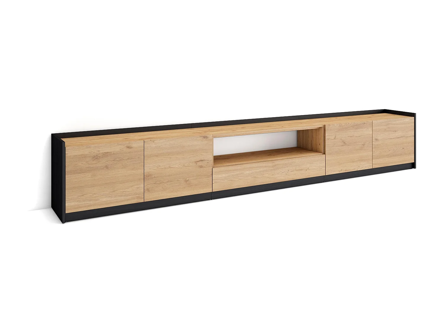 Mueble TV, Televisión, 310x50x37 cm, Para TV hasta 80", Con almacenamiento, Roble y negro