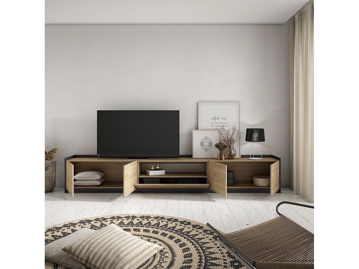 Mueble TV, Televisión, 310x50x37 cm, Para TV hasta 80", Con almacenamiento, Roble y negro