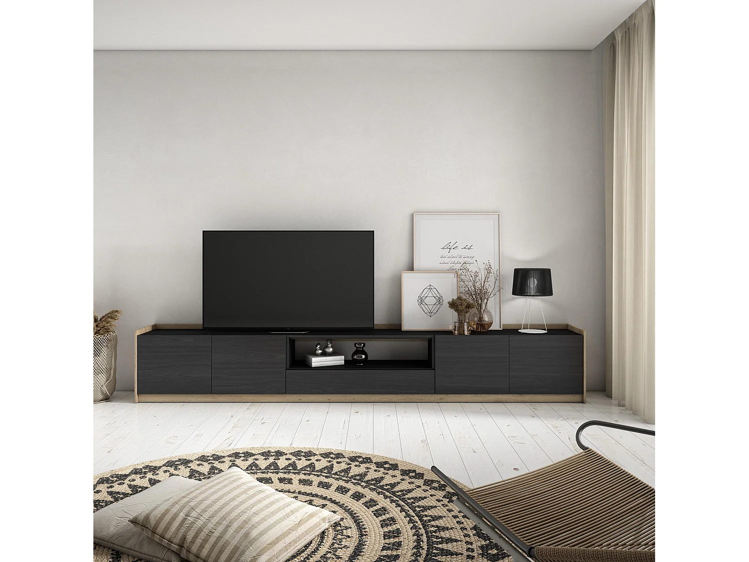 Mueble TV, Televisión, 310x50x37 cm, Para TV hasta 80", Con almacenamiento, Negro y roble