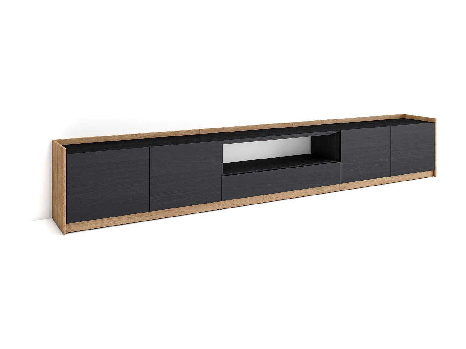 Mueble TV, Televisión, 310x50x37 cm, Para TV hasta 80", Con almacenamiento, Negro y roble