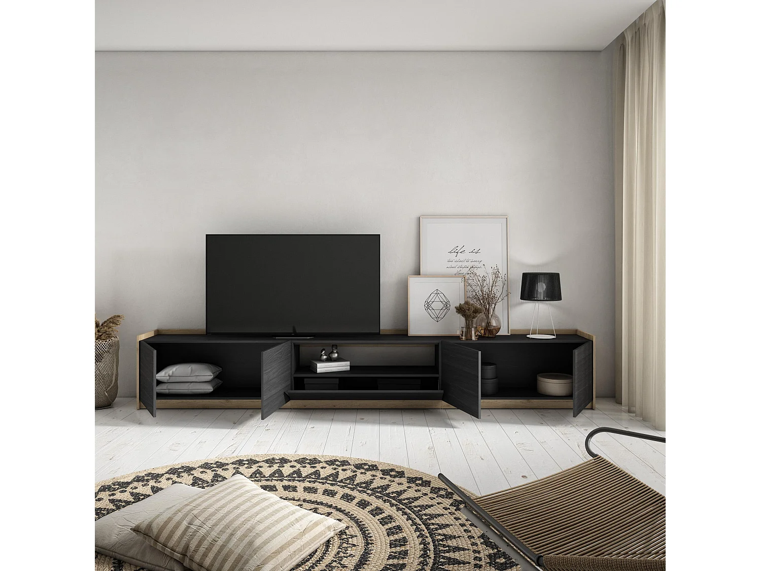 Mueble TV, Televisión, 310x50x37 cm, Para TV hasta 80", Con almacenamiento, Negro y roble