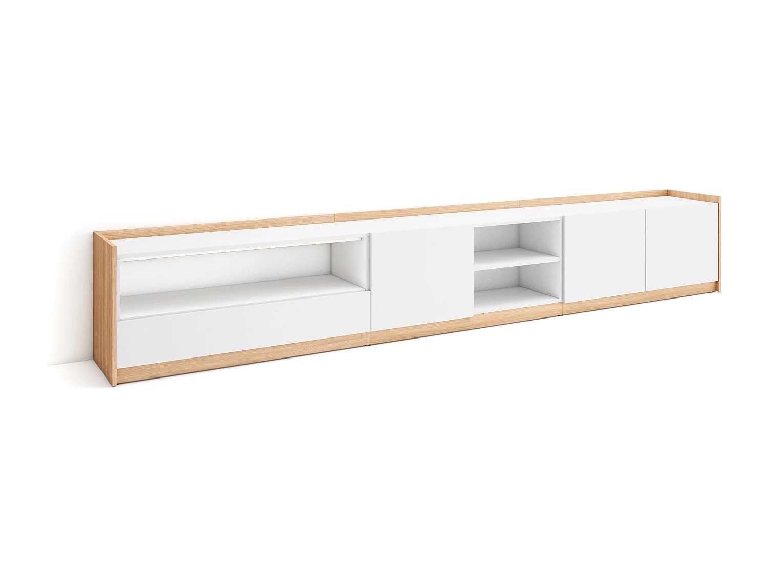 TV-Schrank, Lowboard, 310x50x37 cm, Für TV-Geräte bis zu 80", Fernsehtisch, Weiß und Eiche Soft