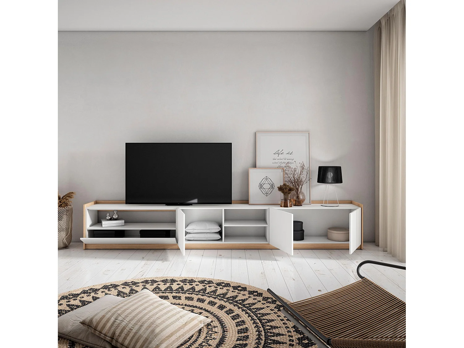 TV-Schrank, Lowboard, 310x50x37 cm, Für TV-Geräte bis zu 80", Fernsehtisch, Weiß und Eiche Soft