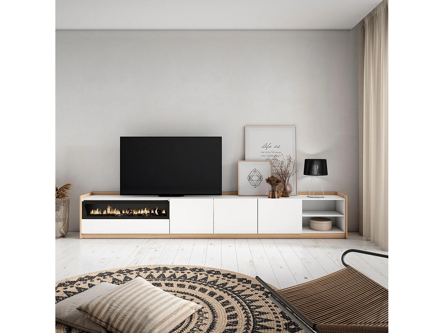 TV-Schrank, Lowboard, 310x50x37 cm, Für TV-Geräte bis zu 80", Elektrokamin., Weiß und Eiche Soft