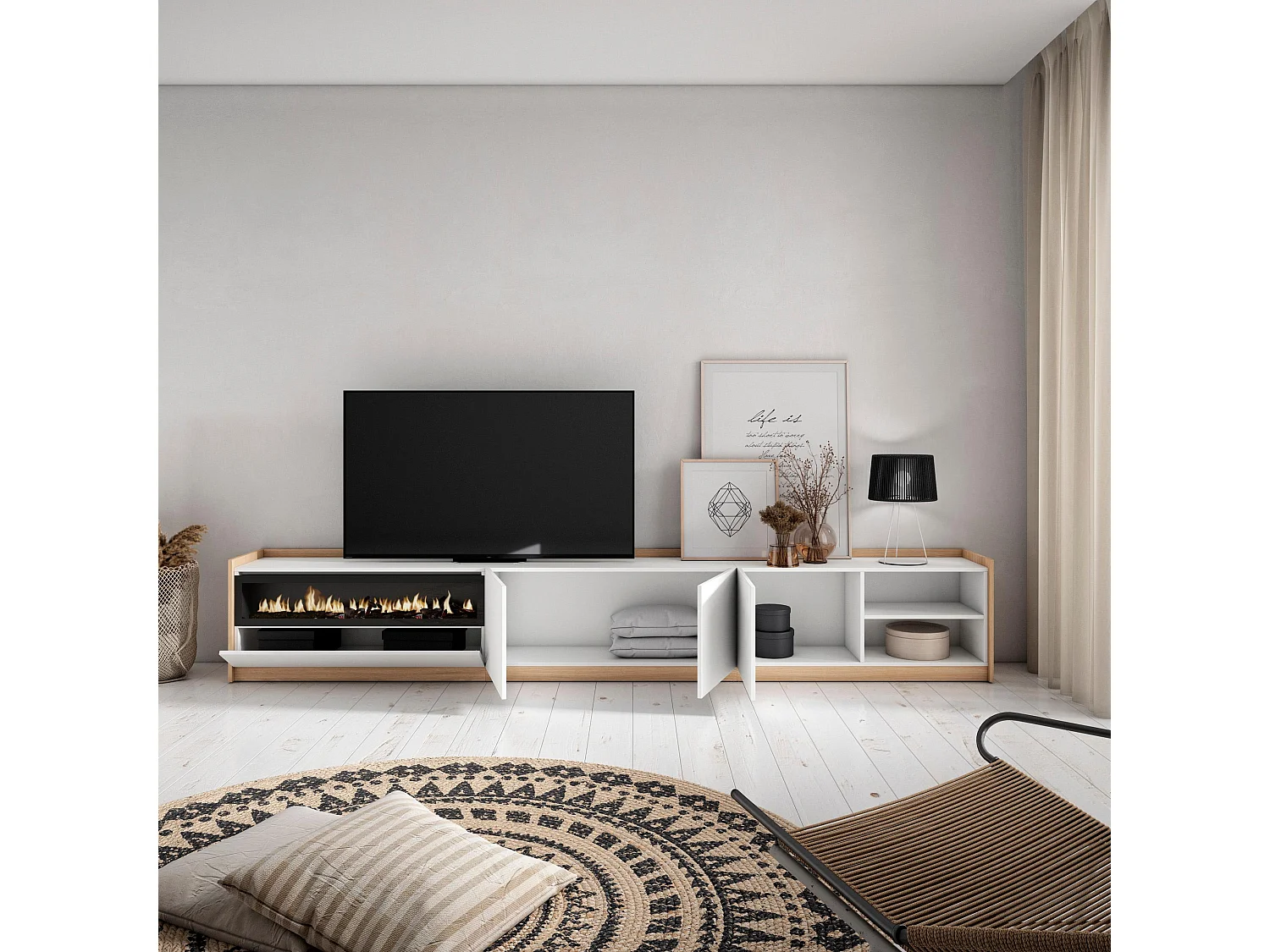 TV-Schrank, Lowboard, 310x50x37 cm, Für TV-Geräte bis zu 80", Elektrokamin., Weiß und Eiche Soft