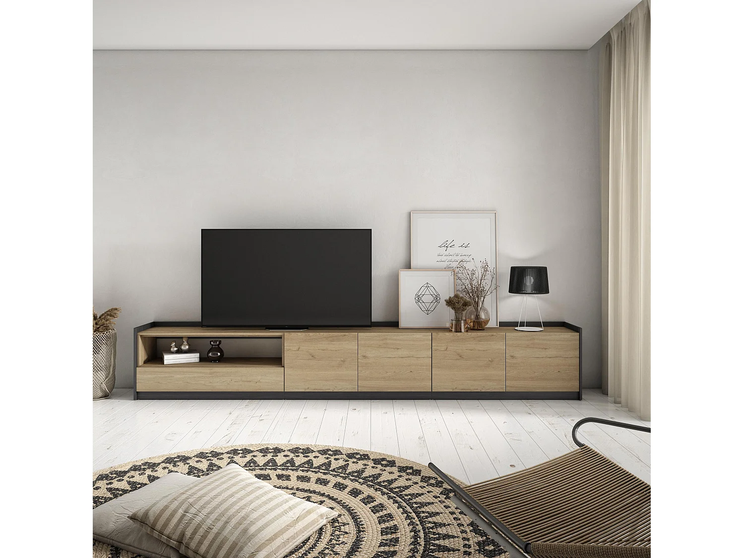 TV-Schrank, Lowboard, 310x50x37 cm, Für TV-Geräte bis zu 80", Fernsehtisch, Eiche Schwarz