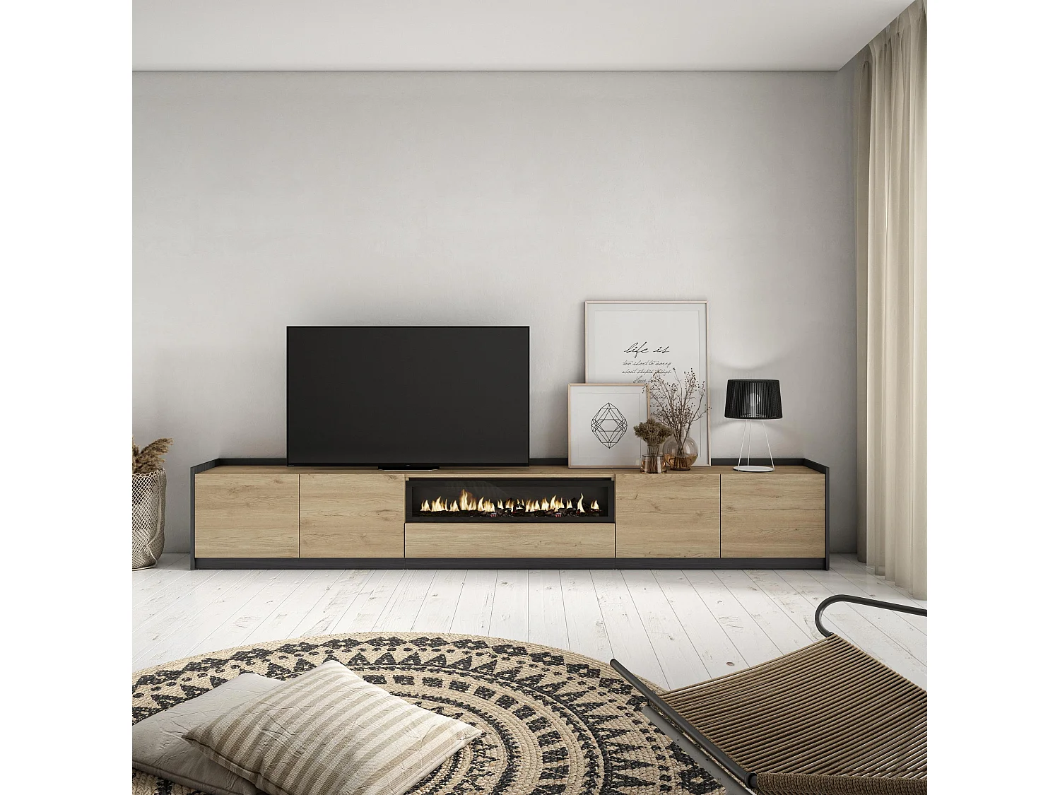 TV-Schrank, Lowboard, 310x50x37 cm, Für TV-Geräte bis zu 80", Elektrokamin., Eiche Schwarz