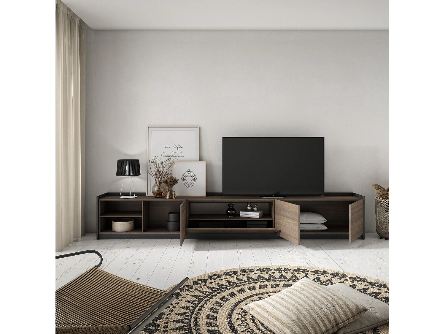 Móvel de TV, 310x50x37 cm, Para televisores até 80", Estante para TV, Carvalho escuro e Preto