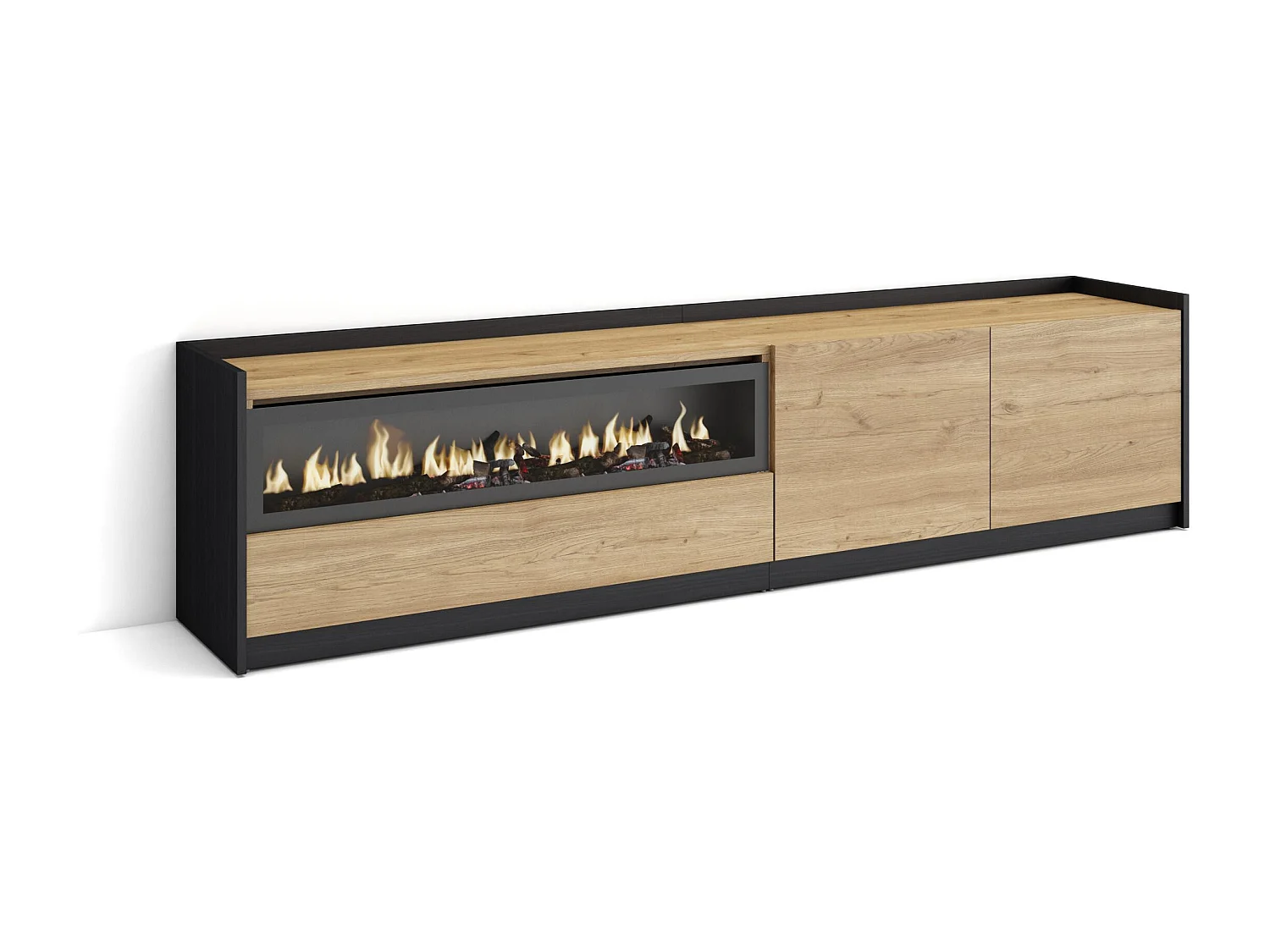 TV-Schrank, Lowboard, 207x50x37 cm, Für TV-Geräte bis zu 80", Elektrokamin., Eiche Schwarz