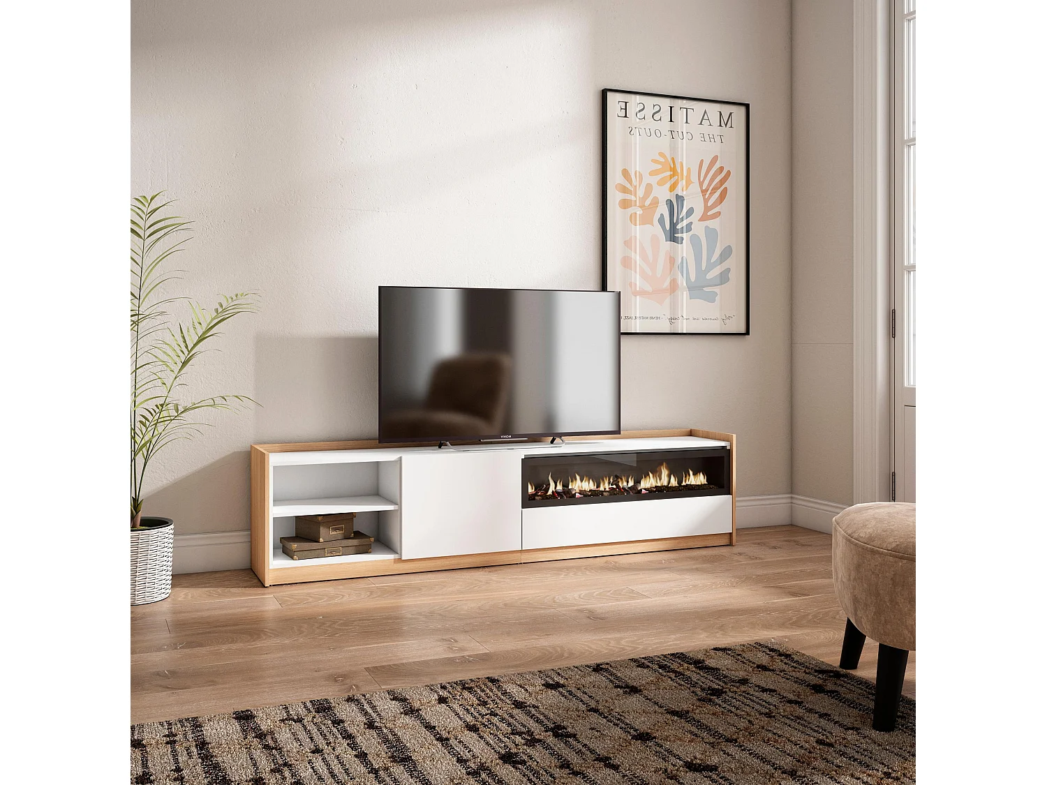 TV-Schrank, Lowboard, 207x50x37 cm, Für TV-Geräte bis zu 80", Elektrokamin., Weiß und Eiche Soft