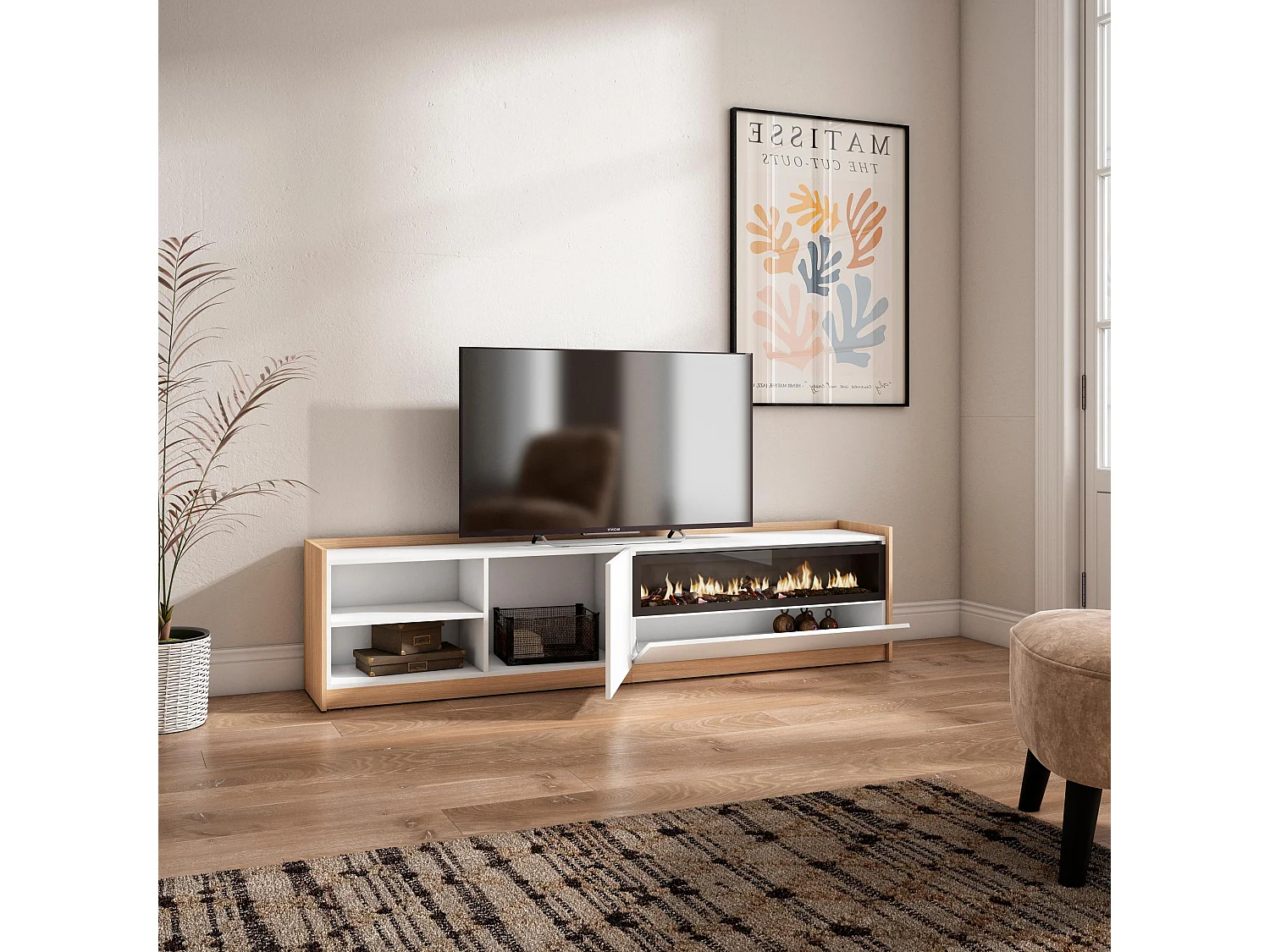 TV-Schrank, Lowboard, 207x50x37 cm, Für TV-Geräte bis zu 80", Elektrokamin., Weiß und Eiche Soft