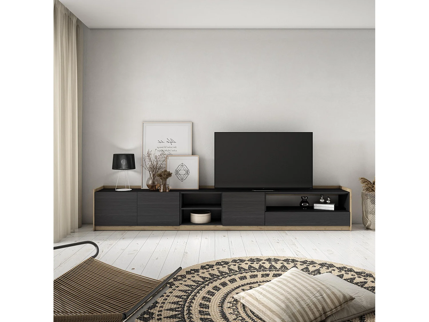 TV-Schrank, Lowboard, 310x50x37 cm, Für TV-Geräte bis zu 80", Fernsehtisch, Schwarz Eiche
