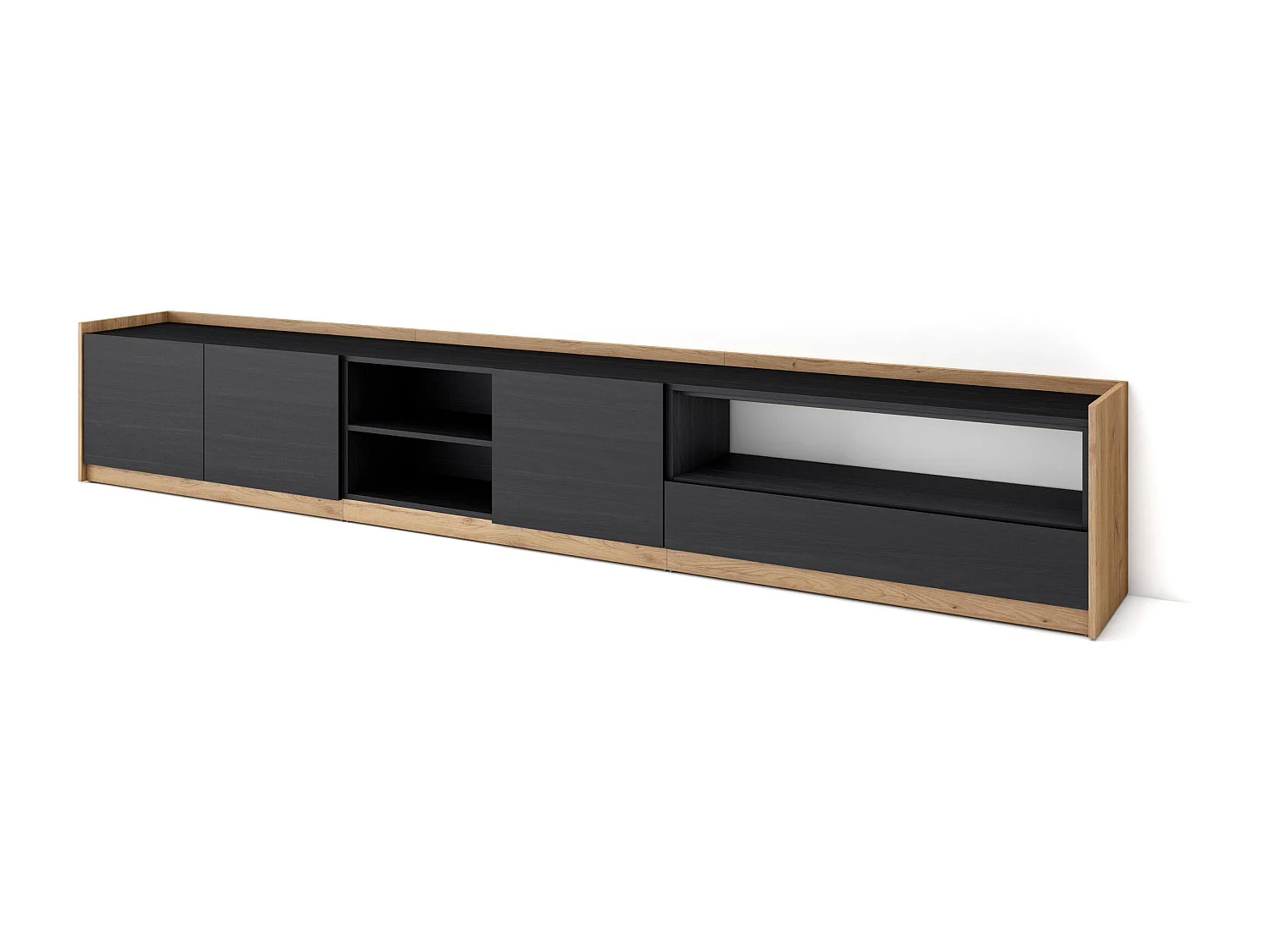 TV-Schrank, Lowboard, 310x50x37 cm, Für TV-Geräte bis zu 80", Fernsehtisch, Schwarz Eiche