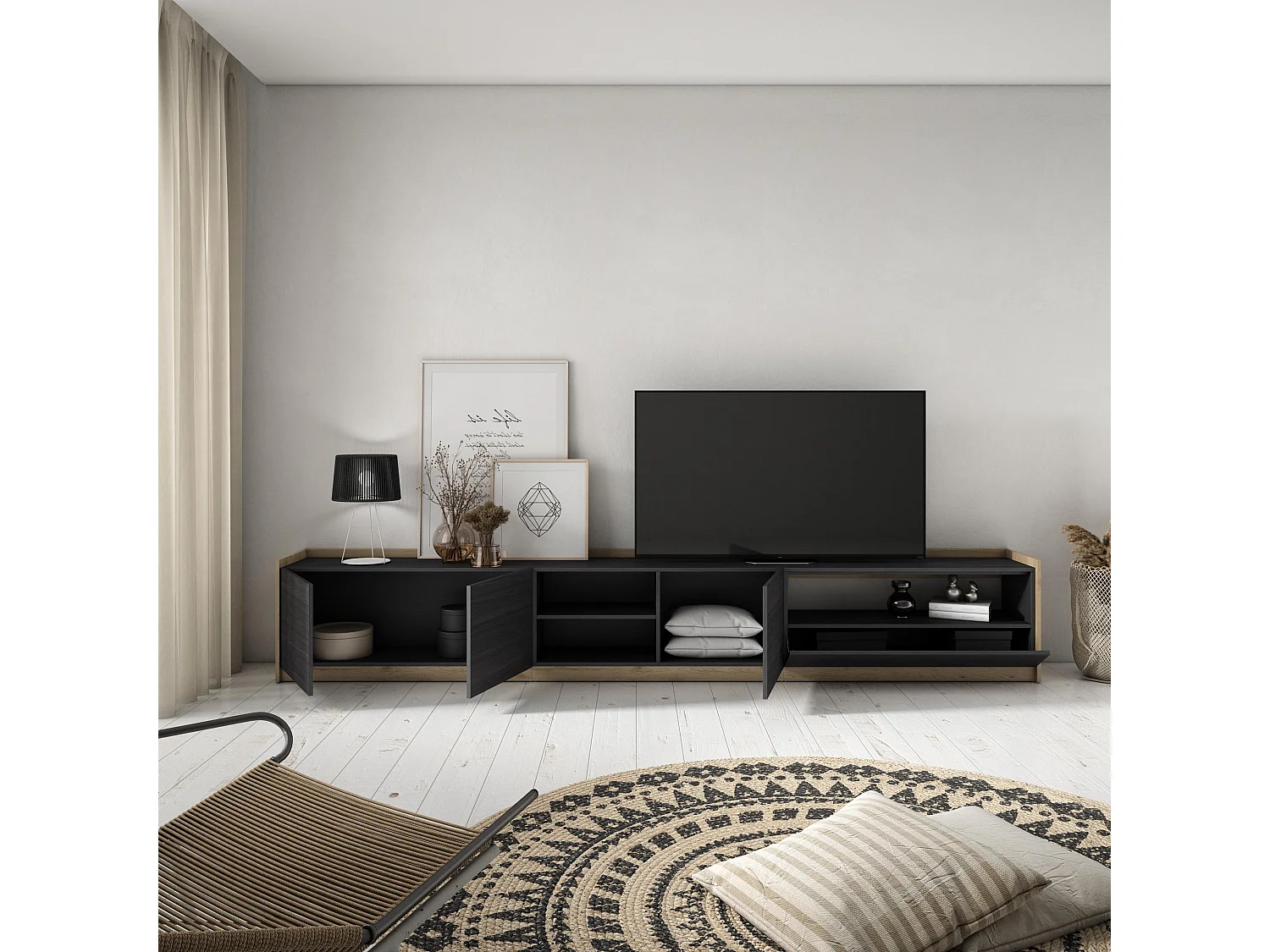 TV-Schrank, Lowboard, 310x50x37 cm, Für TV-Geräte bis zu 80", Fernsehtisch, Schwarz Eiche