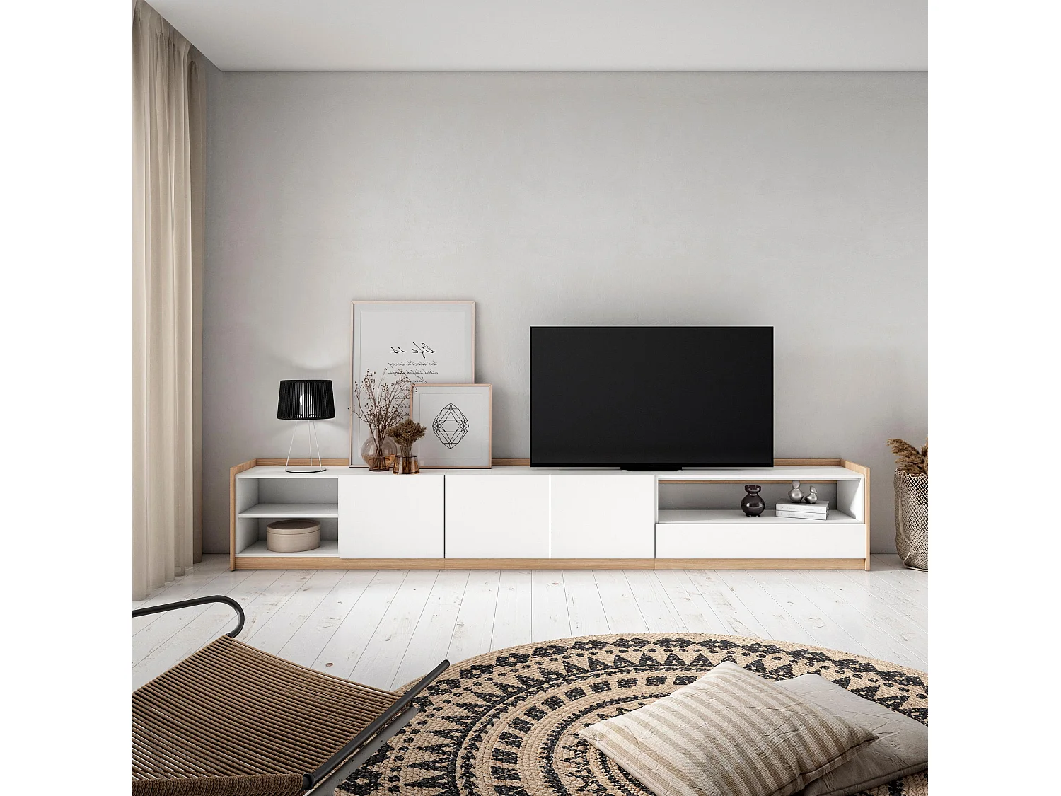TV-Schrank, Lowboard, 310x50x37 cm, Für TV-Geräte bis zu 80", Fernsehtisch, Weiß und Eiche Soft