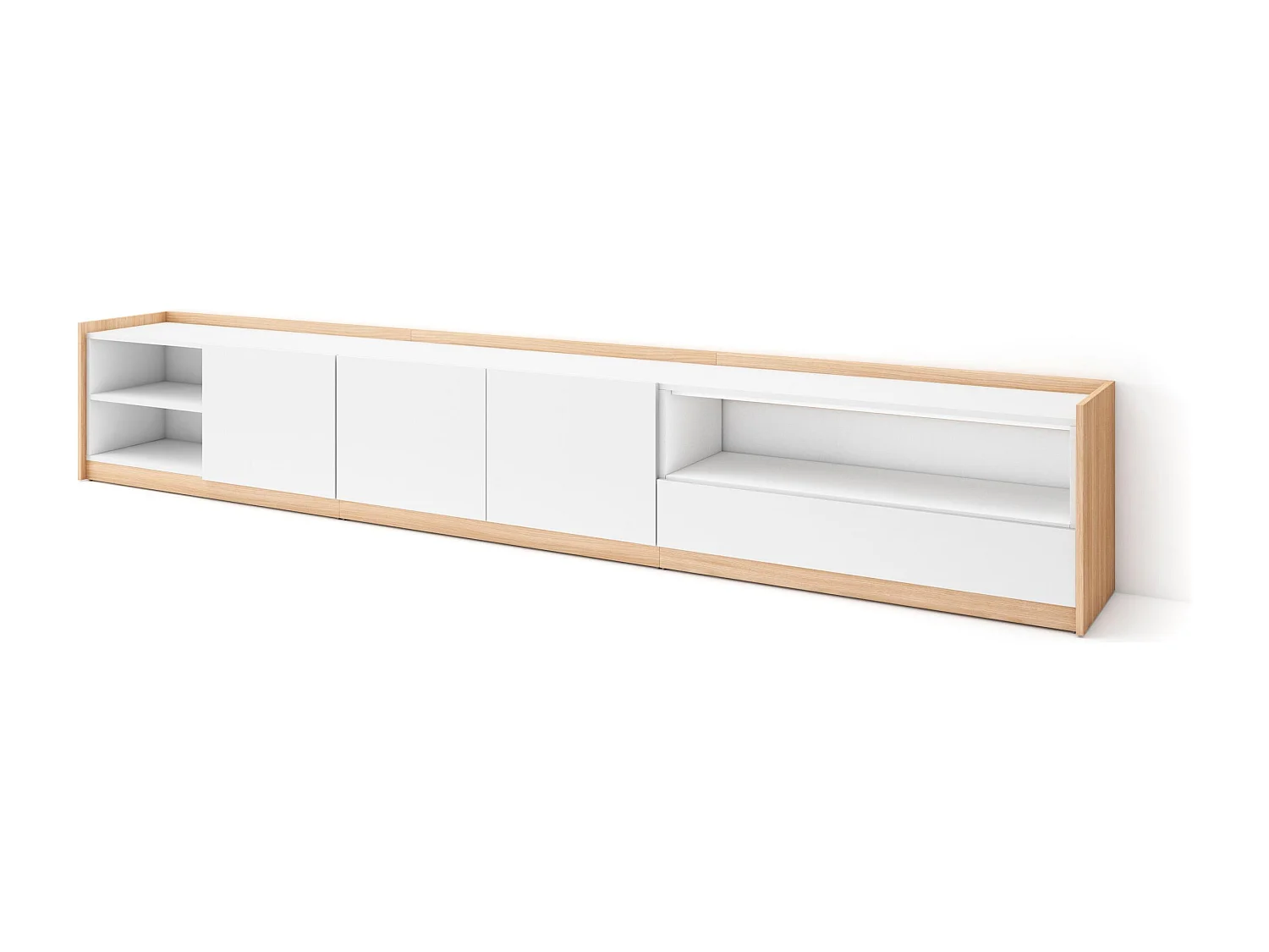 TV-Schrank, Lowboard, 310x50x37 cm, Für TV-Geräte bis zu 80", Fernsehtisch, Weiß und Eiche Soft