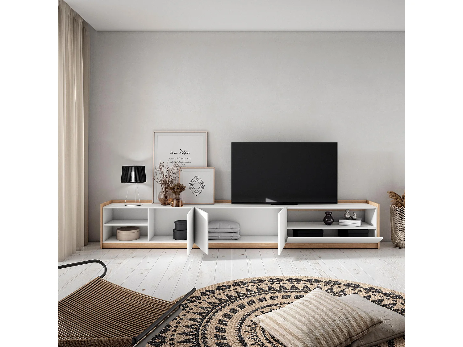 TV-Schrank, Lowboard, 310x50x37 cm, Für TV-Geräte bis zu 80", Fernsehtisch, Weiß und Eiche Soft