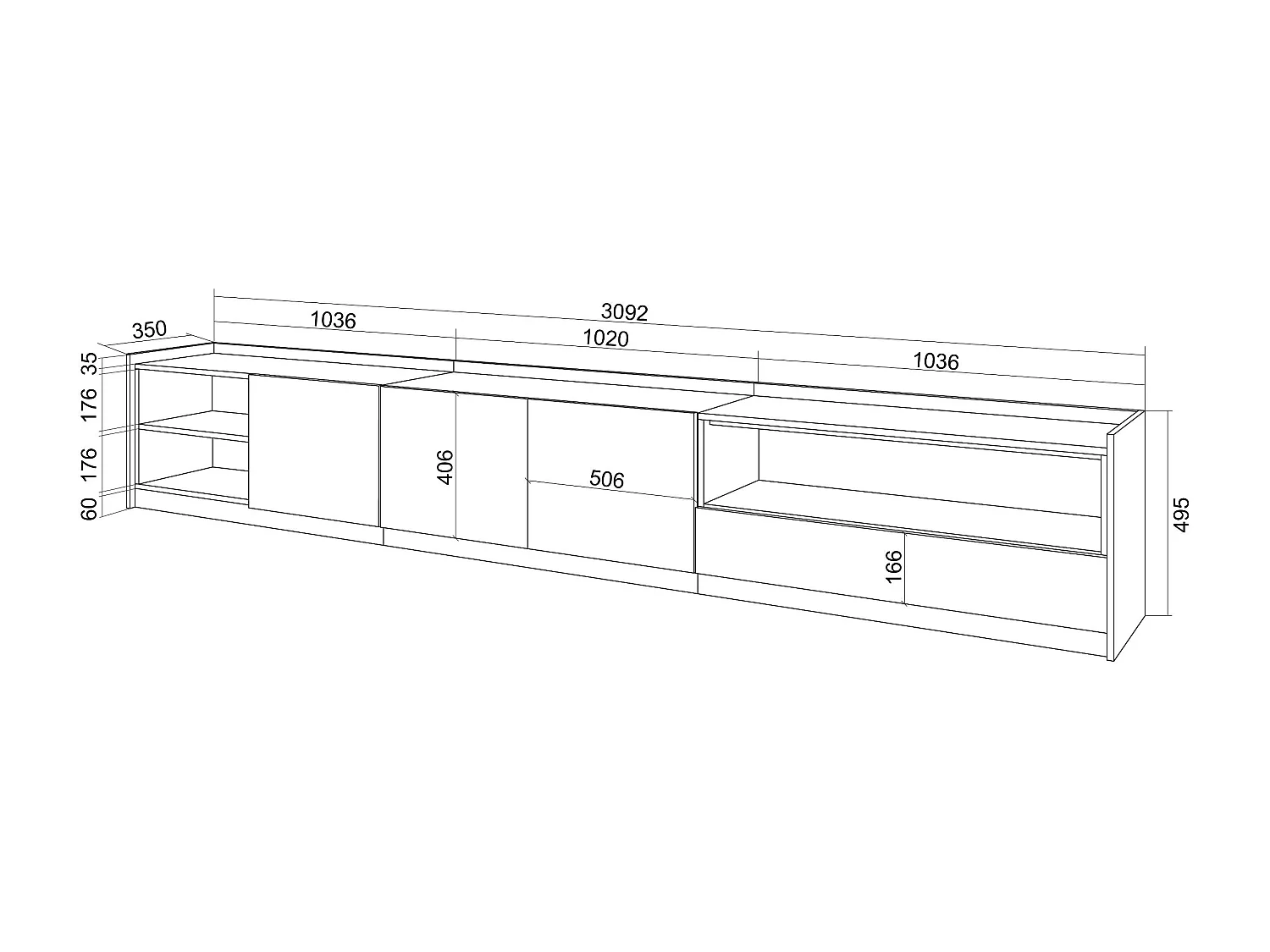 TV-Schrank, Lowboard, 310x50x37 cm, Für TV-Geräte bis zu 80", Fernsehtisch, Weiß und Eiche Soft