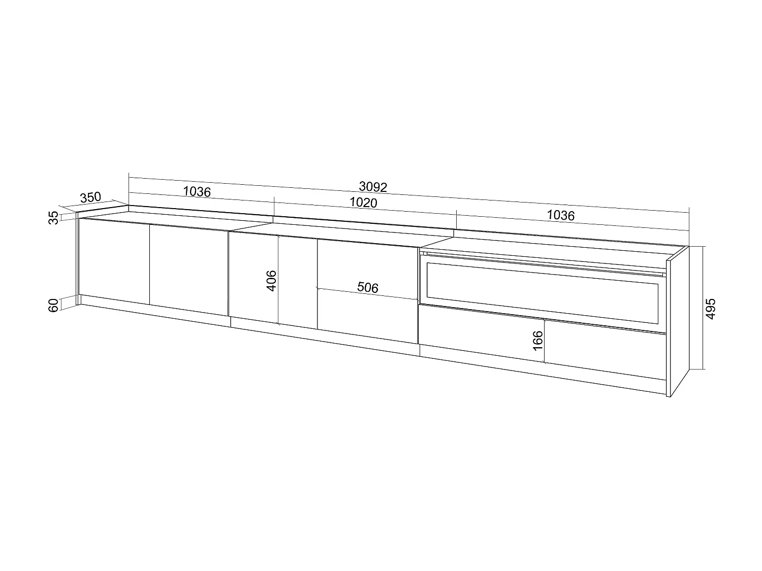 TV-Schrank, Lowboard, 310x50x37 cm, Für TV-Geräte bis zu 80", Elektrokamin., Eiche Schwarz