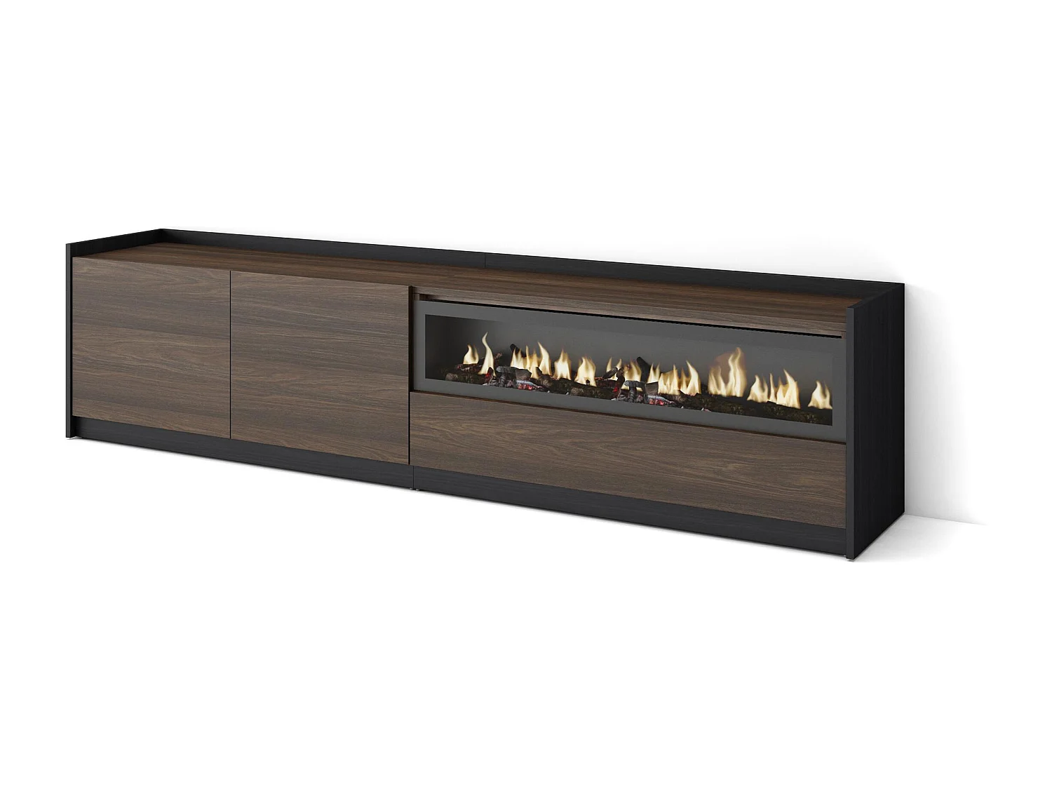 Meuble TV, Banc Télé, 207x50x37 cm, Pour les TV jusqu'à 80", Cheminée électrique, Chêne foncé et Noir