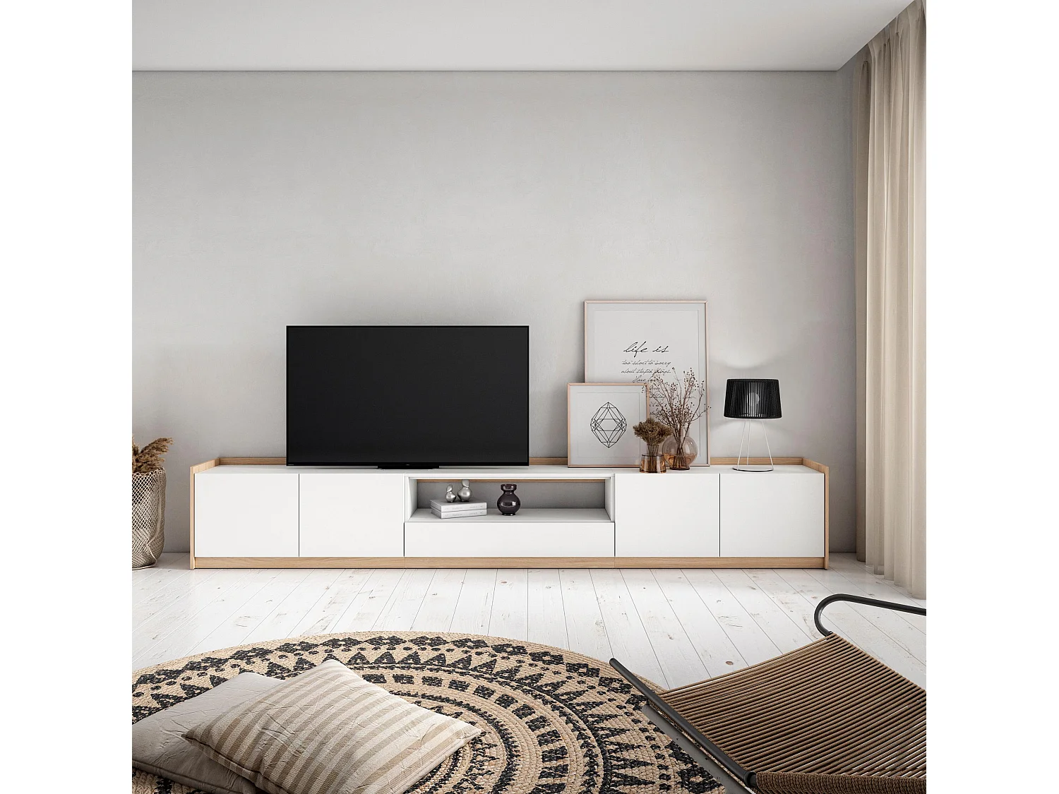 Mueble TV, Televisión, 310x50x37 cm, Para TV hasta 80", Con almacenamiento, Blanco y roble soft