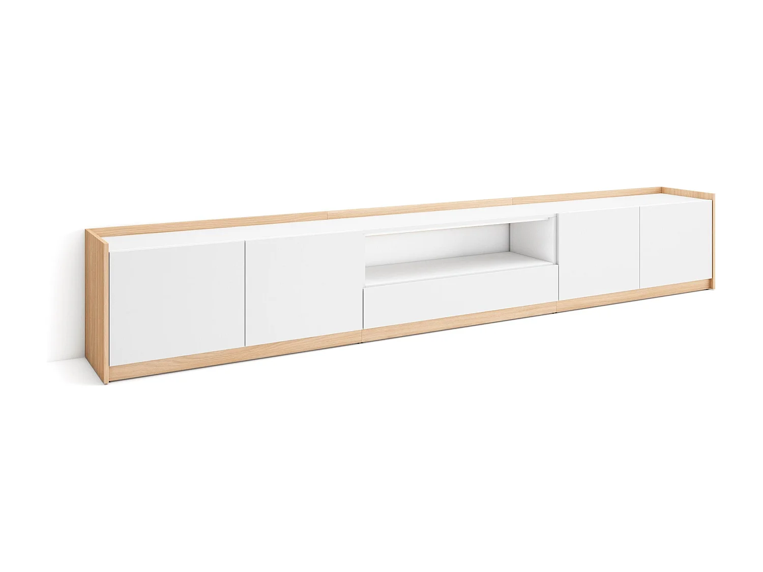 Mueble TV, Televisión, 310x50x37 cm, Para TV hasta 80", Con almacenamiento, Blanco y roble soft