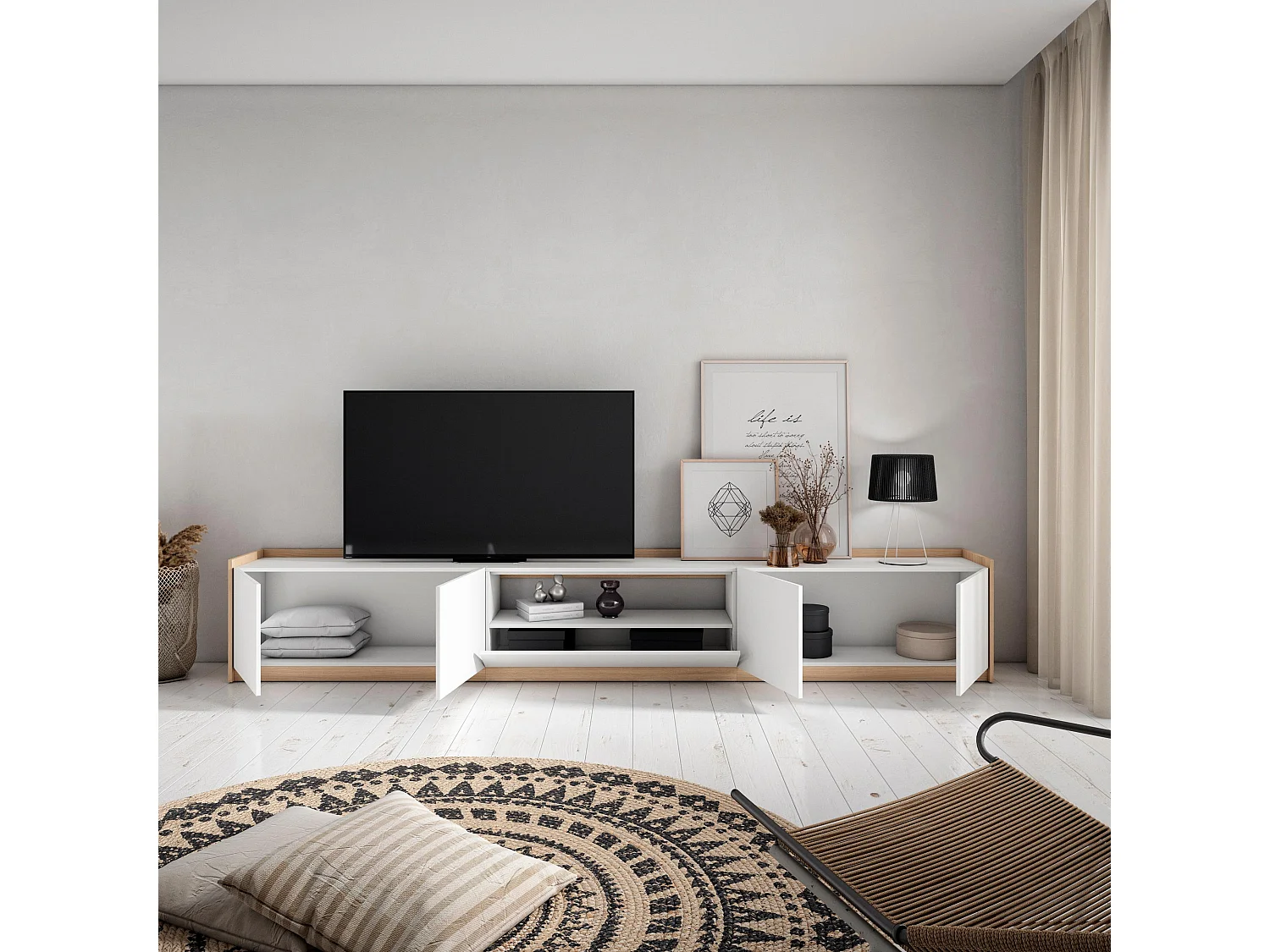 Mueble TV, Televisión, 310x50x37 cm, Para TV hasta 80", Con almacenamiento, Blanco y roble soft