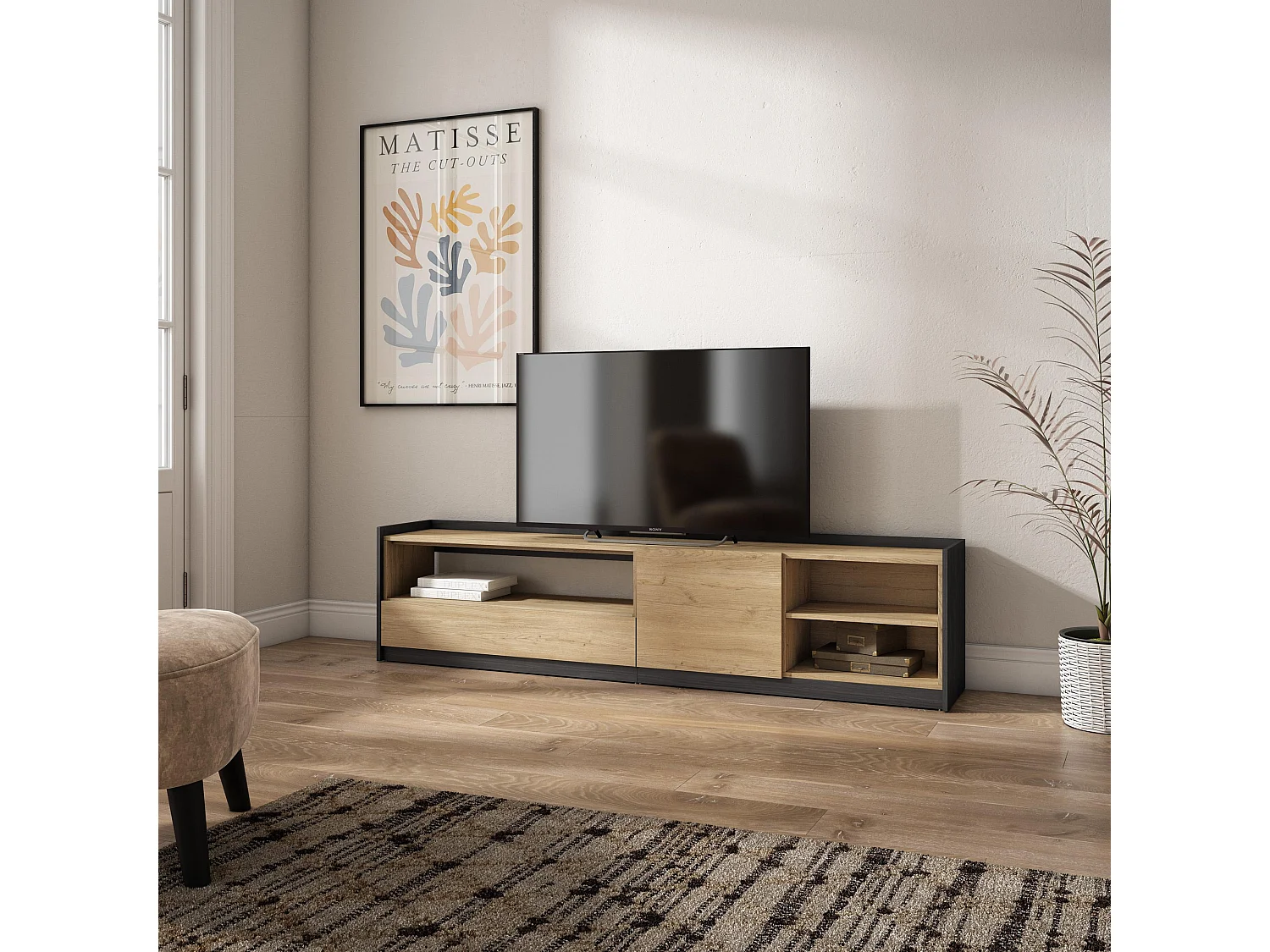 TV-Schrank, Lowboard, 207x50x37 cm, Für TV-Geräte bis zu 80", Fernsehtisch, Eiche Schwarz