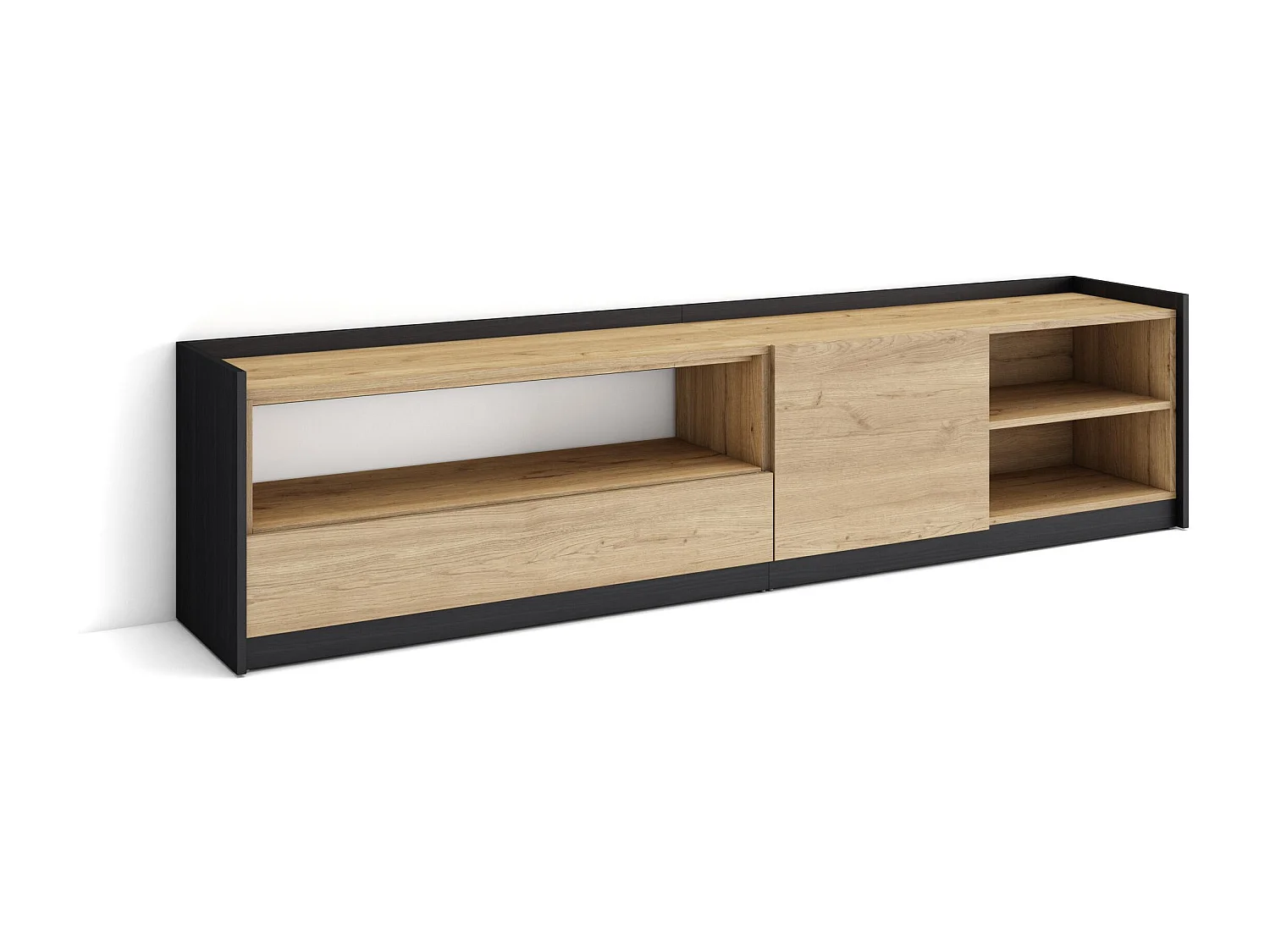 TV-Schrank, Lowboard, 207x50x37 cm, Für TV-Geräte bis zu 80", Fernsehtisch, Eiche Schwarz